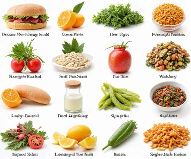 Variety of foods arranged to represent dietary restrictions for specific diseases